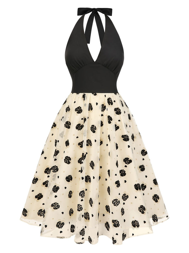 [Prévente] Robe dos nu en maille roses floqué beige des années 1950