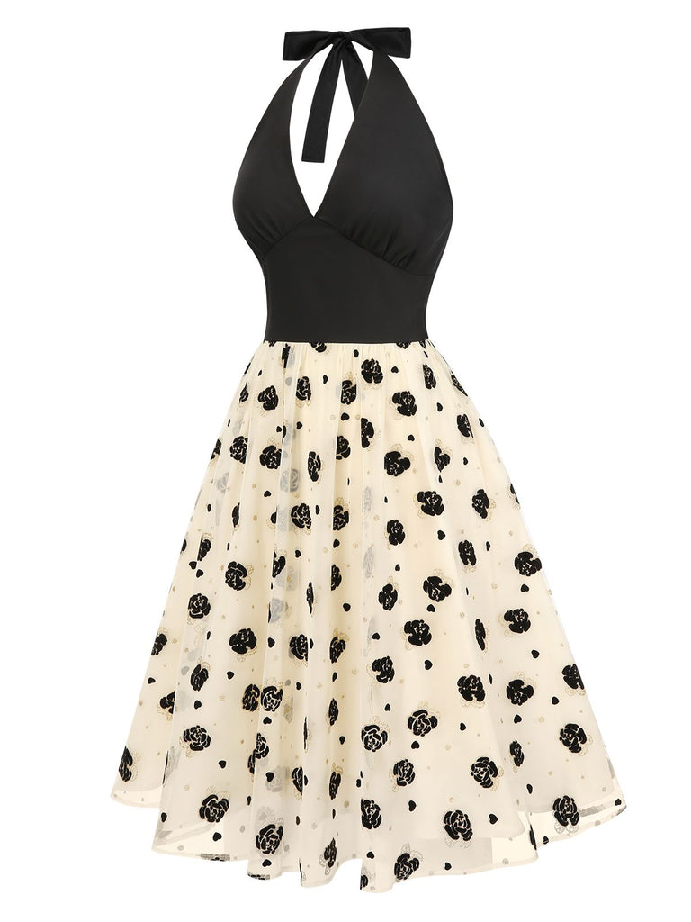 [Prévente] Robe dos nu en maille roses floqué beige des années 1950