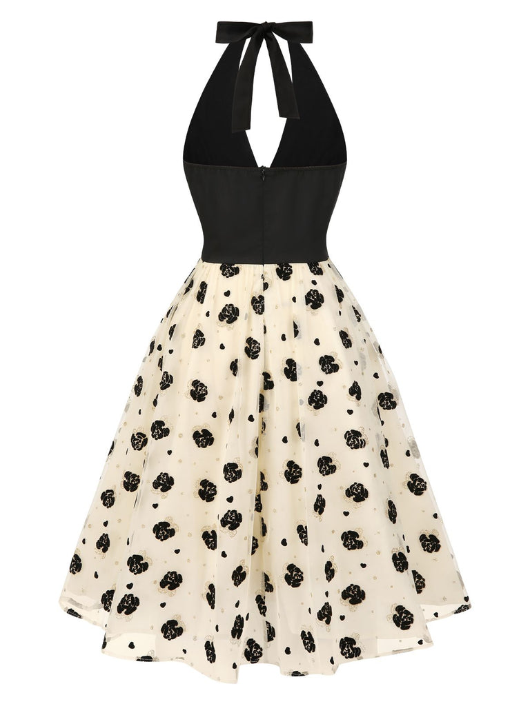 [Prévente] Robe dos nu en maille roses floqué beige des années 1950