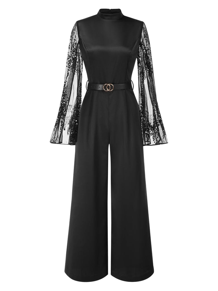[Pré-vente] Combinaison noire en satin manches cape et paillettes des années 1970