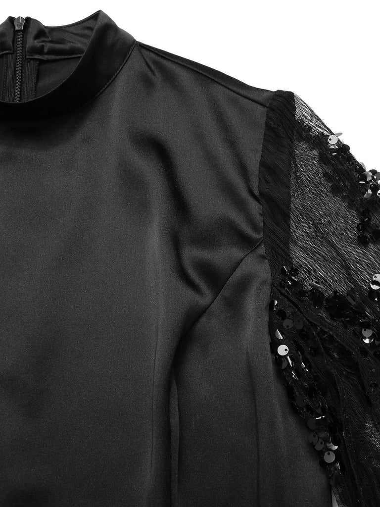 [Pré-vente] Combinaison noire en satin manches cape et paillettes des années 1970