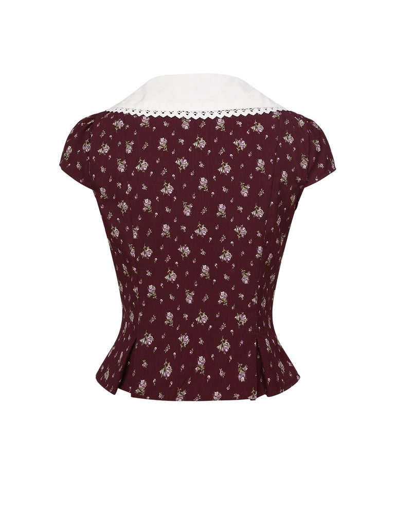 [Prévente] Chemisier bordeaux fleur à col Claudine années 40