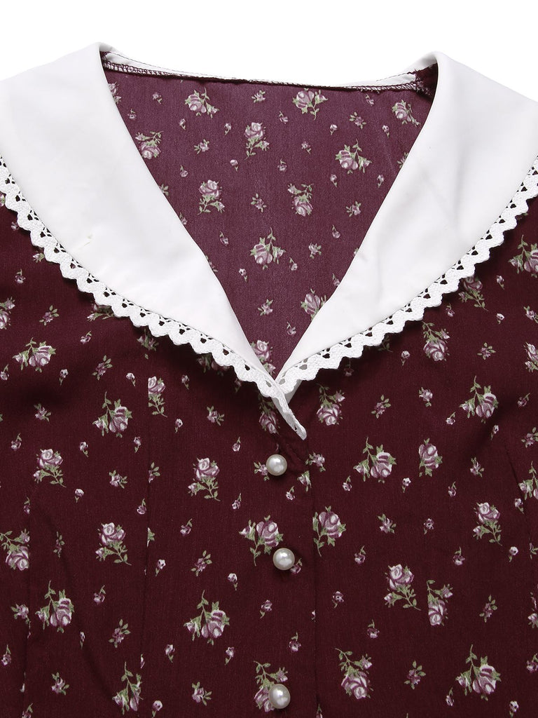 [Prévente] Chemisier bordeaux fleur à col Claudine années 40