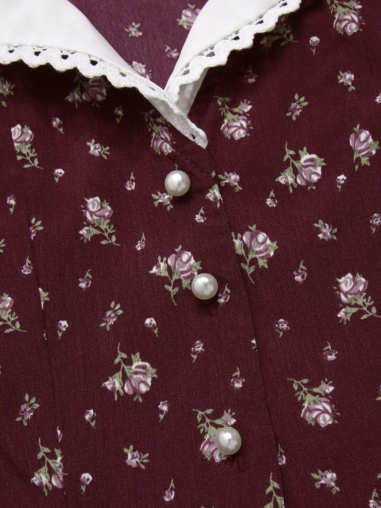[Prévente] Chemisier bordeaux fleur à col Claudine années 40