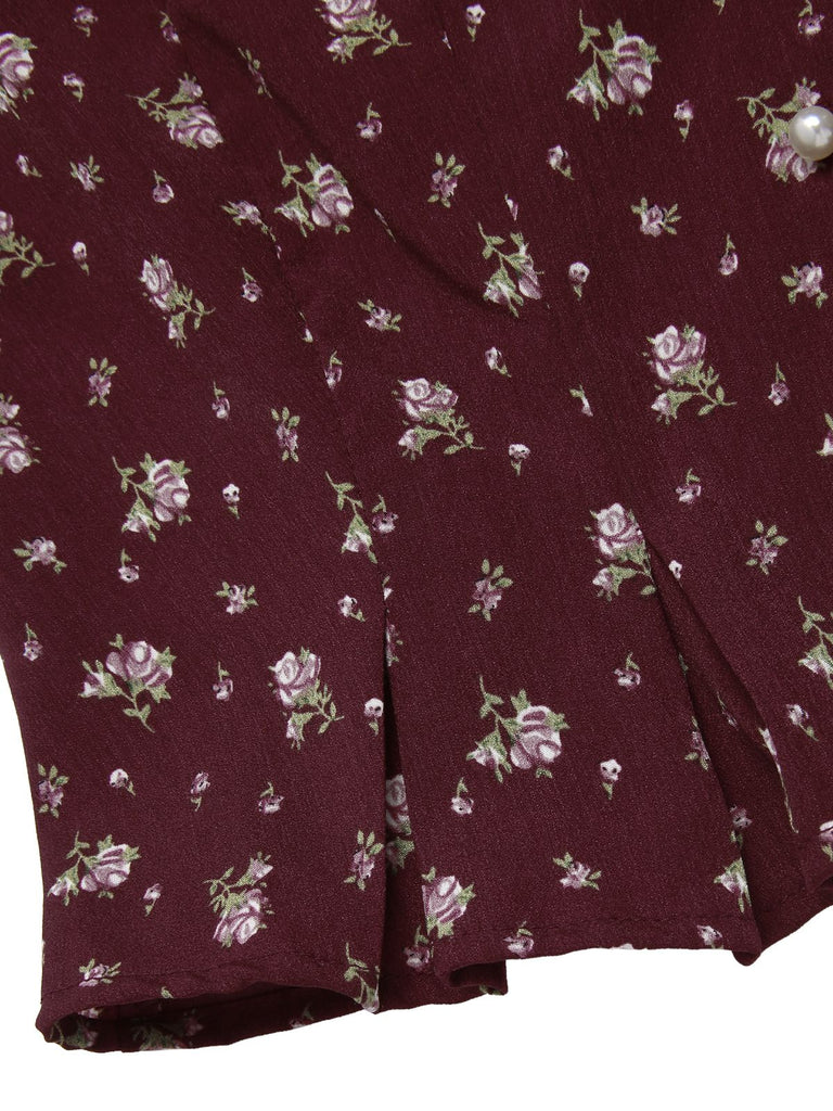 [Prévente] Chemisier bordeaux fleur à col Claudine années 40