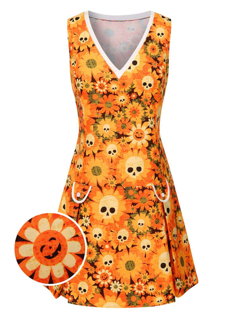 [Prévente] Robe orange fleurl et crâne Halloween années 1960