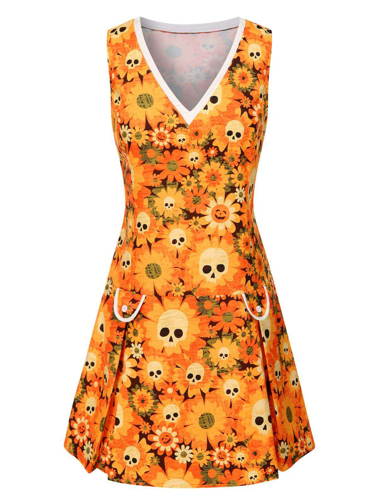 [Prévente] Robe orange fleurl et crâne Halloween années 1960