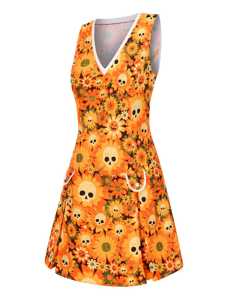 [Prévente] Robe orange fleurl et crâne Halloween années 1960
