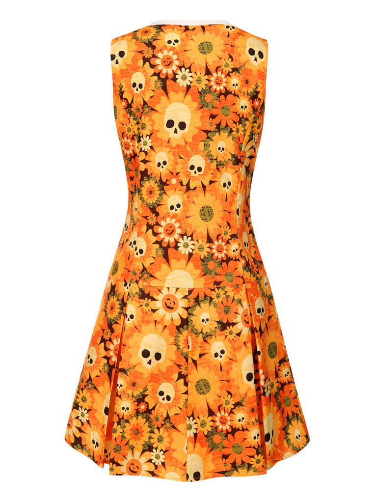 [Prévente] Robe orange fleurl et crâne Halloween années 1960
