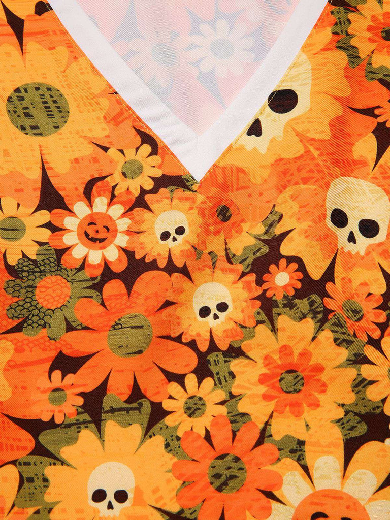 [Prévente] Robe orange fleurl et crâne Halloween années 1960