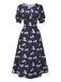 [Pré-vente] Robe bleue à pois manches bouffantes à fleurs des années 40
