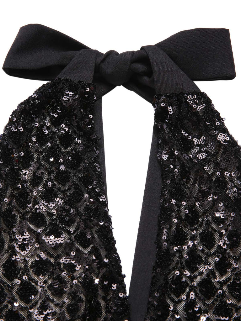 [Pré-vente] Combinaison pattes d'éléphant noire à paillettes col V profond années 1970