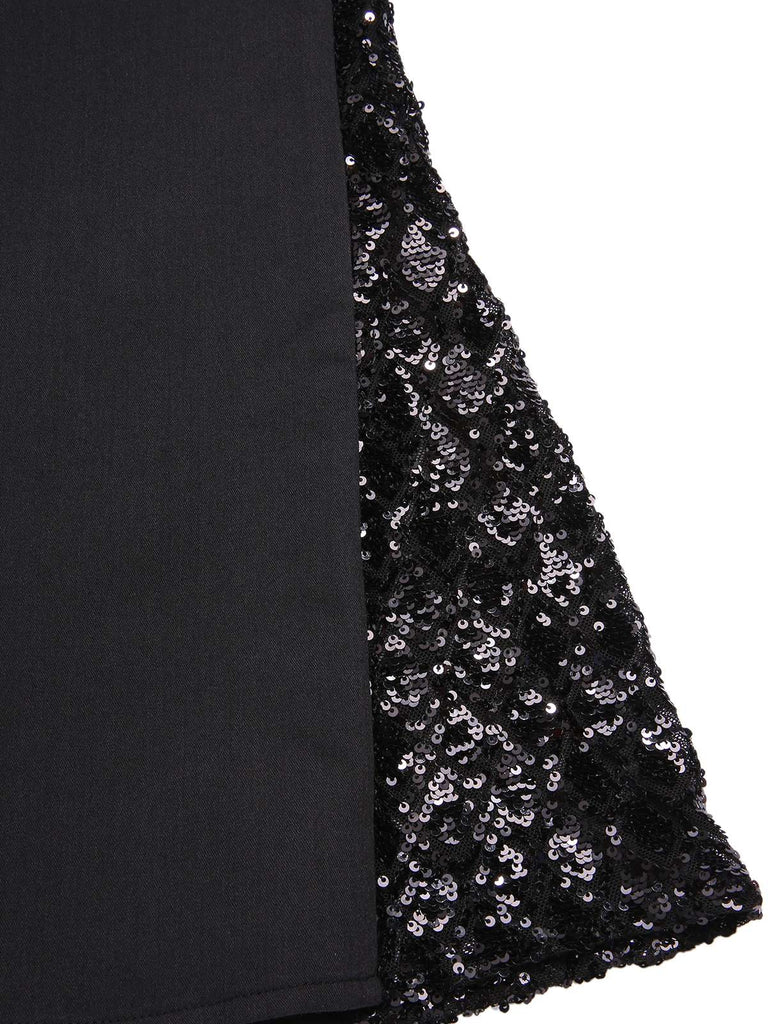 [Pré-vente] Combinaison pattes d'éléphant noire à paillettes col V profond années 1970