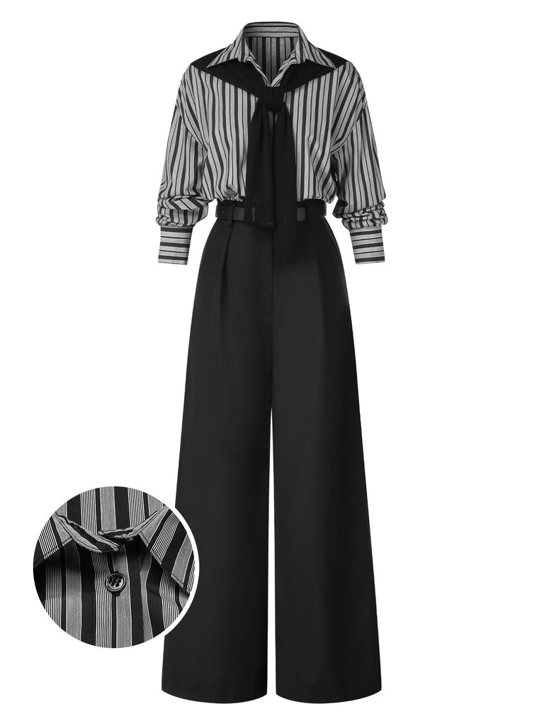 [Pré-vente] Combinaison noire à rayures et col chemise des années 40 avec cape