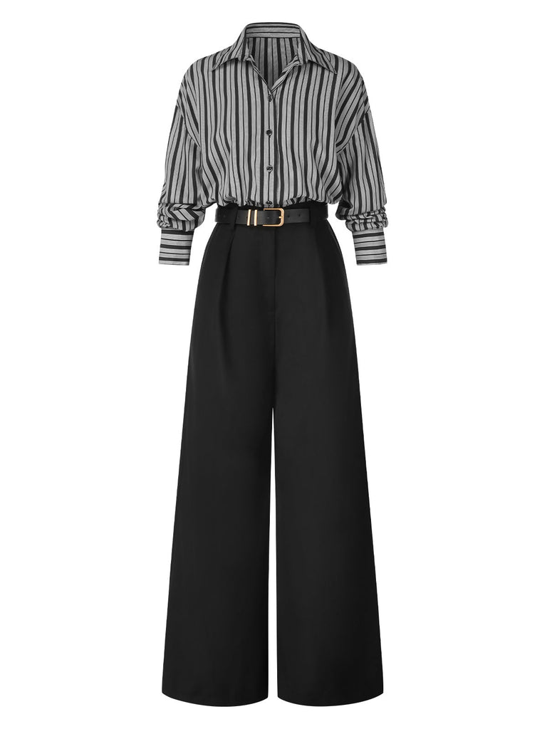 [Pré-vente] Combinaison noire à rayures et col chemise des années 40 avec cape