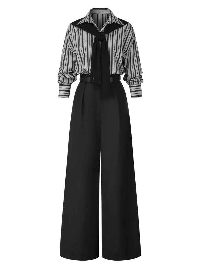 [Pré-vente] Combinaison noire à rayures et col chemise des années 40 avec cape