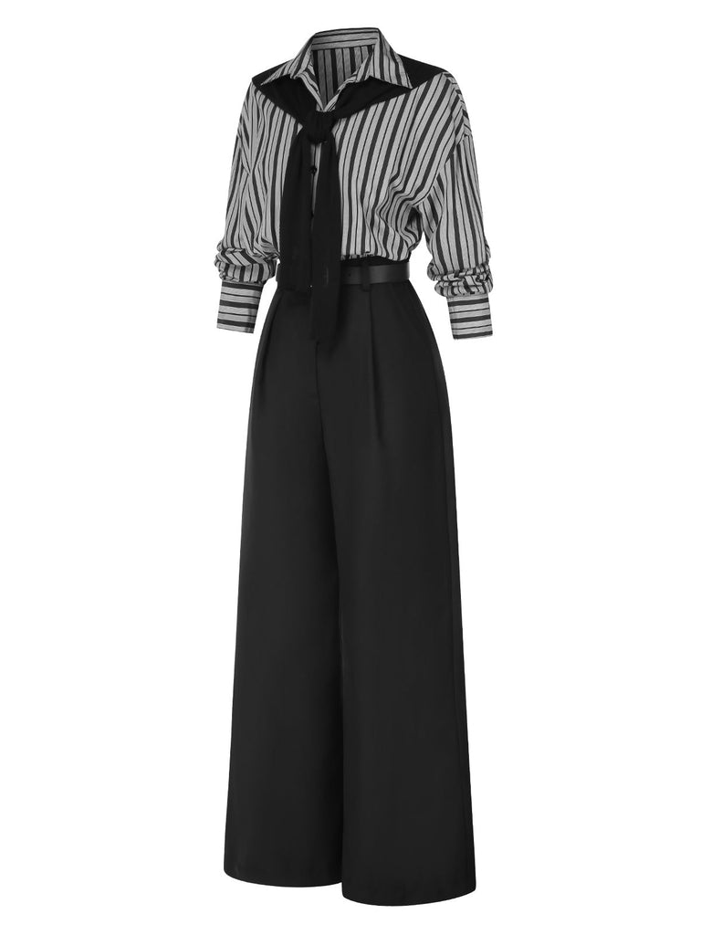 [Pré-vente] Combinaison noire à rayures et col chemise des années 40 avec cape