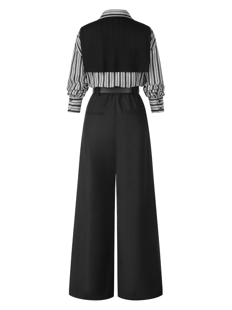 [Pré-vente] Combinaison noire à rayures et col chemise des années 40 avec cape