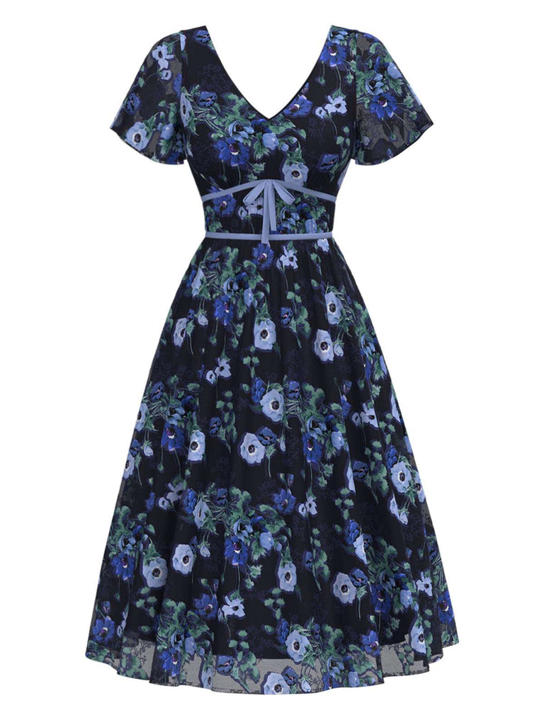 [Prévente] Robe mi-longue bleue à fleurs et col en V années 1950