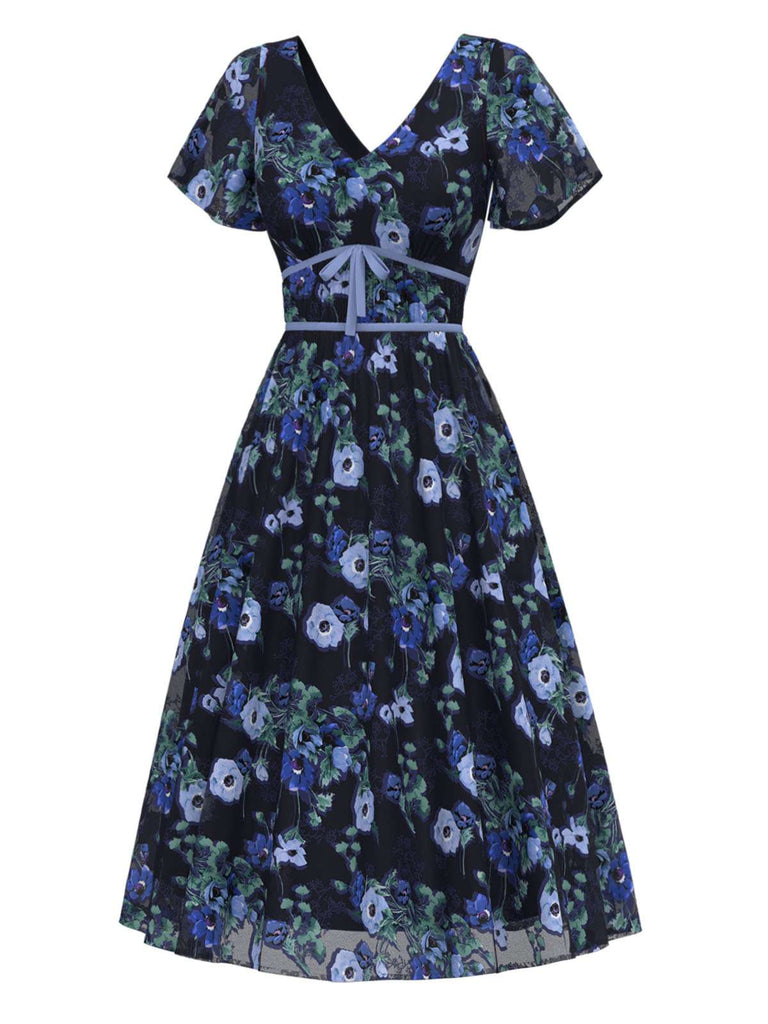 [Prévente] Robe mi-longue bleue à fleurs et col en V années 1950