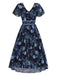 [Prévente] Robe mi-longue bleue à fleurs et col en V années 1950