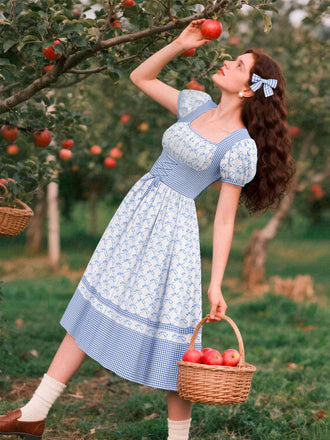 [Prévente] Robe bleue à carreaux vichy et nœuds années 1950