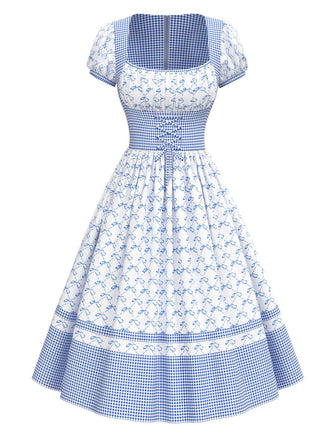 [Prévente] Robe bleue à carreaux vichy et nœuds années 1950