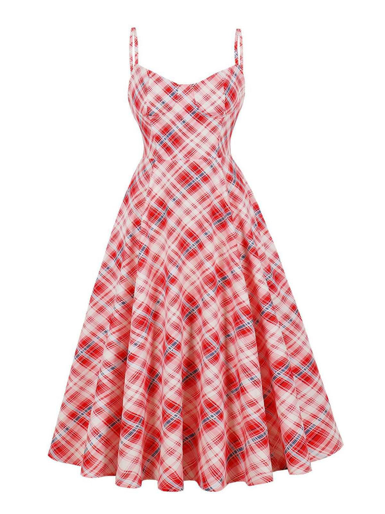 Robe trapèze rouge à bretelles spaghetti à carreaux des années 1950