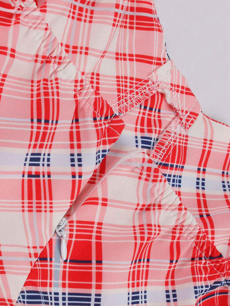 Robe trapèze rouge à bretelles spaghetti à carreaux des années 1950