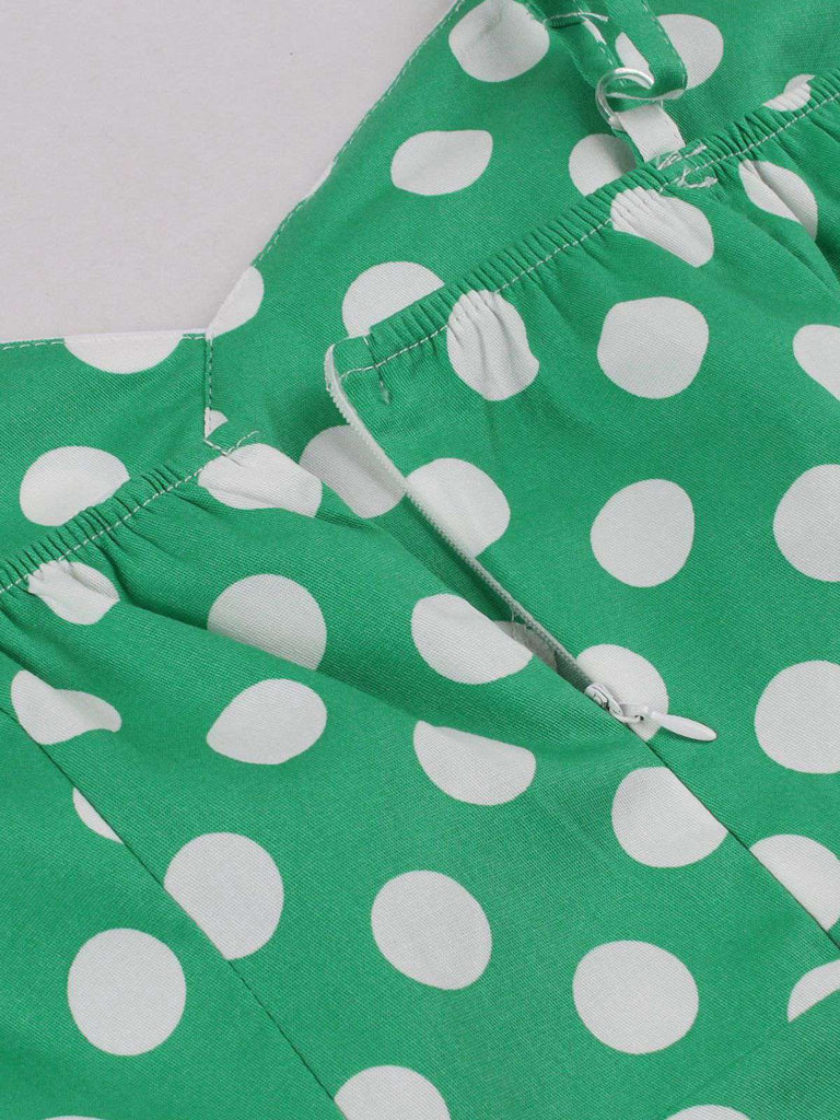 Robe verte à pois à bretelles spaghetti années 1950