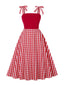 Robe rouge à carreaux à nouer sur les épaules années 1950