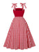 Robe rouge à carreaux à nouer sur les épaules années 1950