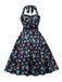 Robe col licou motif oiseaux ceinturée multicolore des années 1950
