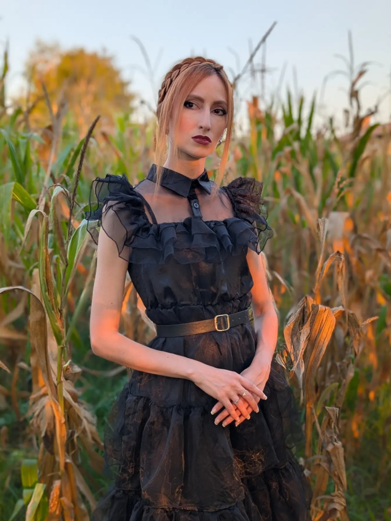 [Prévente] Robe noire à volants en organza Wednesday Halloween des années 1950
