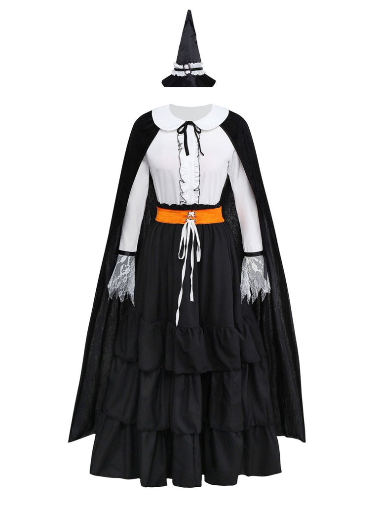 2PCS Chemisier et jupe à volants en dentelle noire style sorcière d'Halloween années 1950