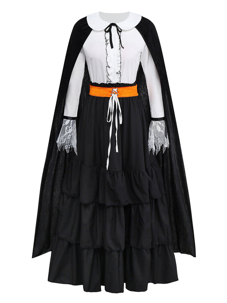 2PCS Chemisier et jupe à volants en dentelle noire style sorcière d'Halloween années 1950