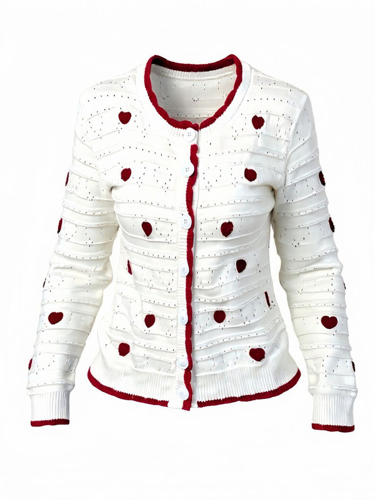 Cardigan tricoté blanc contrasté à cœurs années 1950