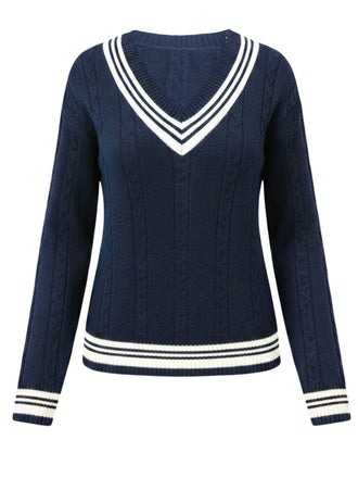 Pull rayé bleue à col en V en maille style nautique années 1950