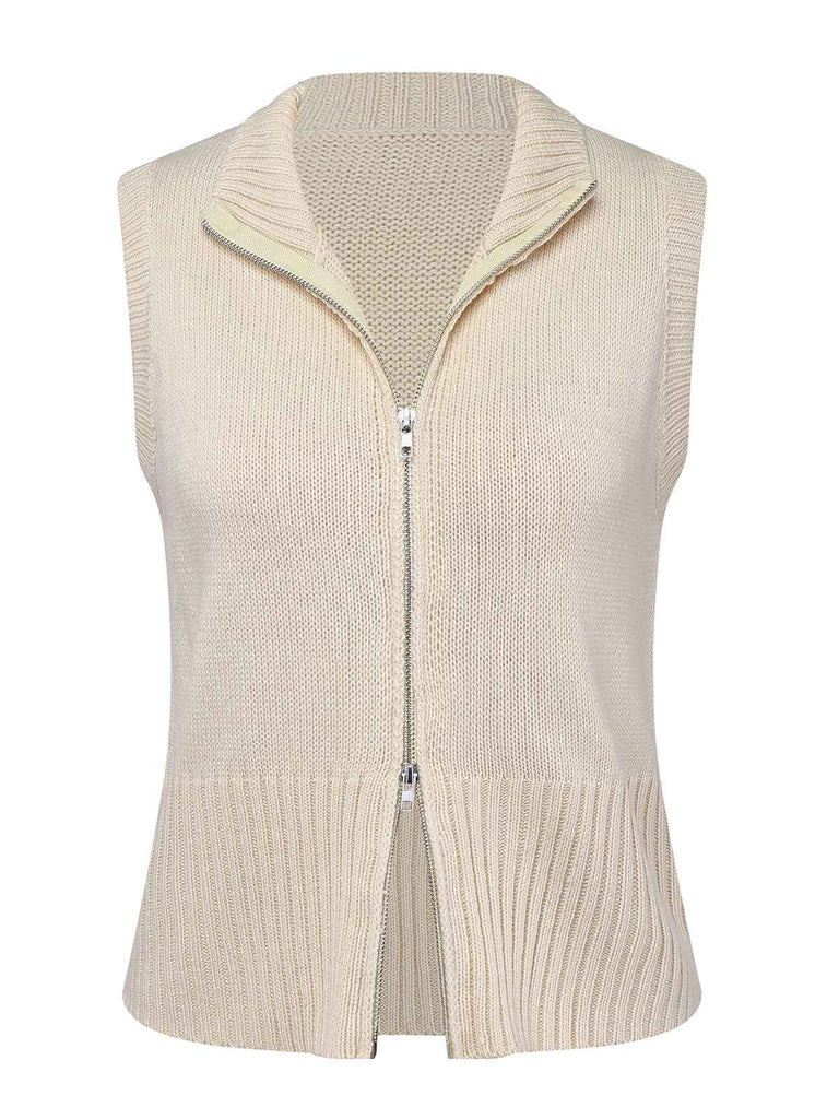 Haut tricoté sans manches beige à revers des années 1950