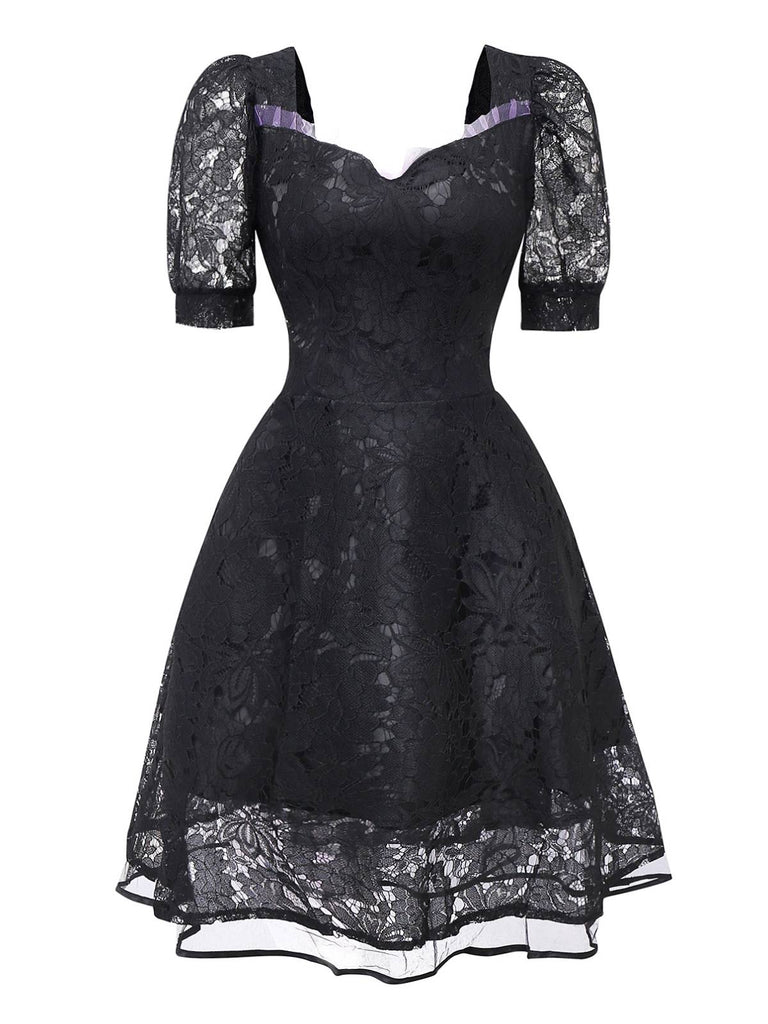 Robe noire brodée en dentelle style sorcière gothique des années 1950