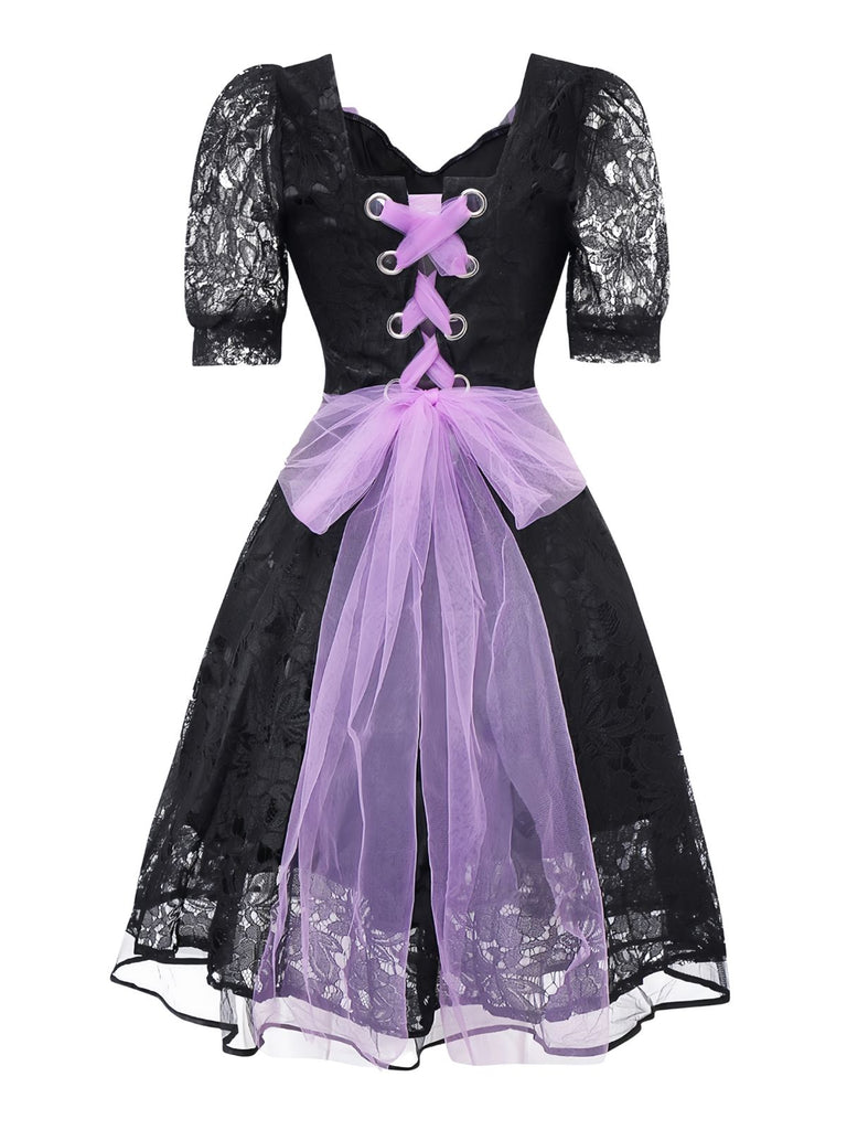 Robe noire brodée en dentelle style sorcière gothique des années 1950