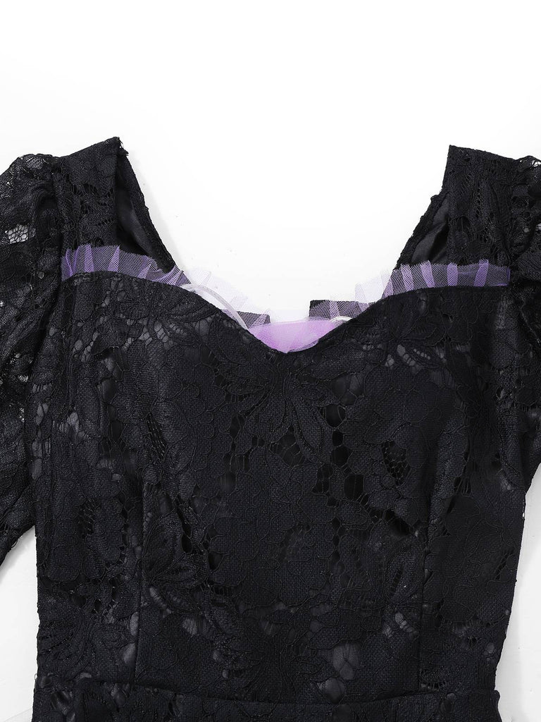 Robe noire brodée en dentelle style sorcière gothique des années 1950