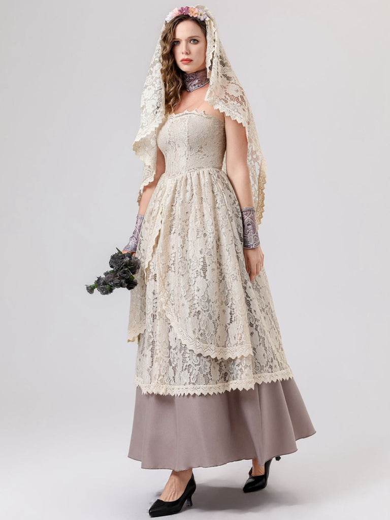 Ensemble robe de mariée vampire beige en dentelle style Halloween des années 1930