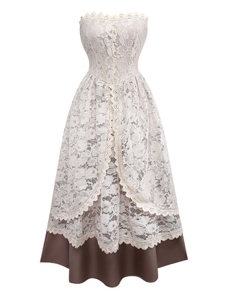 Ensemble robe de mariée vampire beige en dentelle style Halloween des années 1930