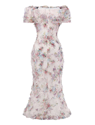 Robe longue à épaules dénudées en résille florale multicolore des années 1930