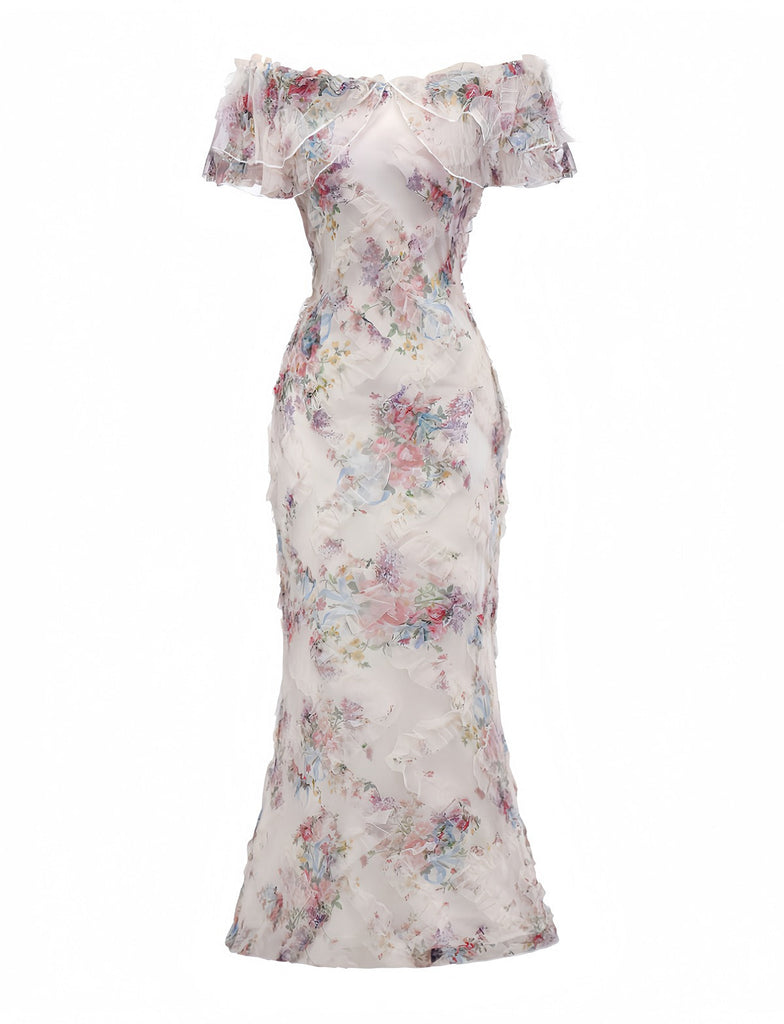 Robe longue à épaules dénudées en résille florale multicolore des années 1930
