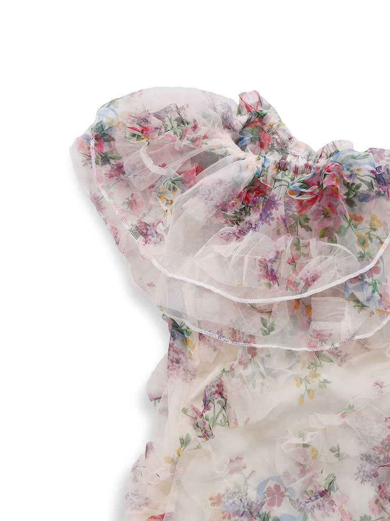 Robe longue à épaules dénudées en résille florale multicolore des années 1930