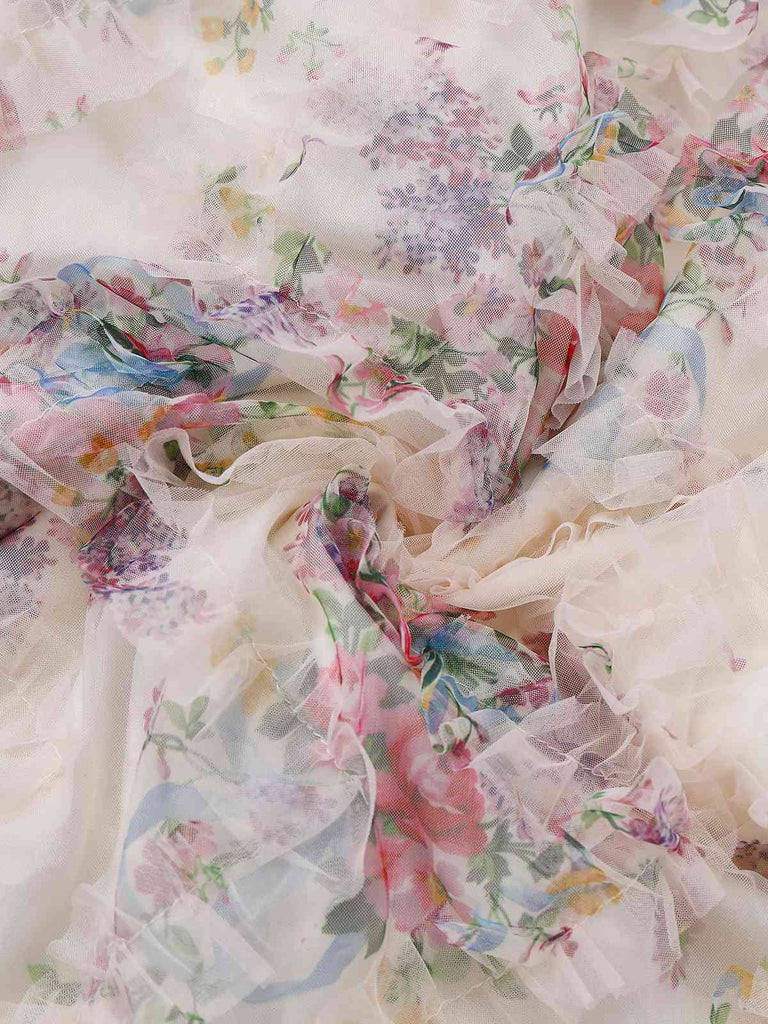 Robe longue à épaules dénudées en résille florale multicolore des années 1930