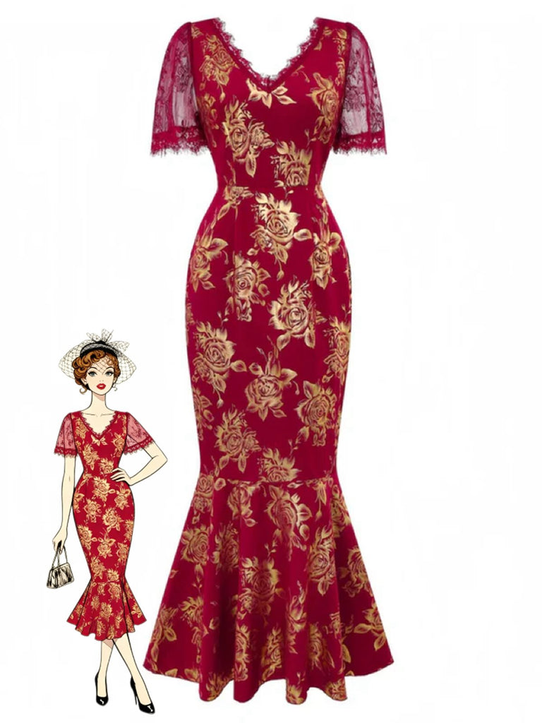 Robe sirène col en V  à fleurs dorées en dentelle patchwork rouge des années 1930