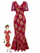 Robe sirène col en V  à fleurs dorées en dentelle patchwork rouge des années 1930